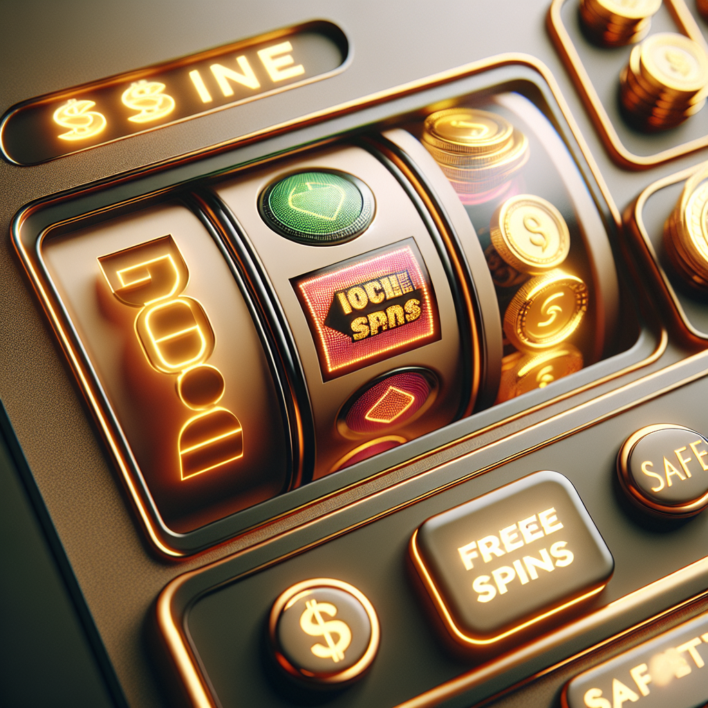 Nærbilde av en digitale spilleautomat med blinkende gratisspinn-ikon, nøytral bakgrunn, moderne nettcasino-atmosfære, tydelige gullmynter og et sikkerhetssymbol