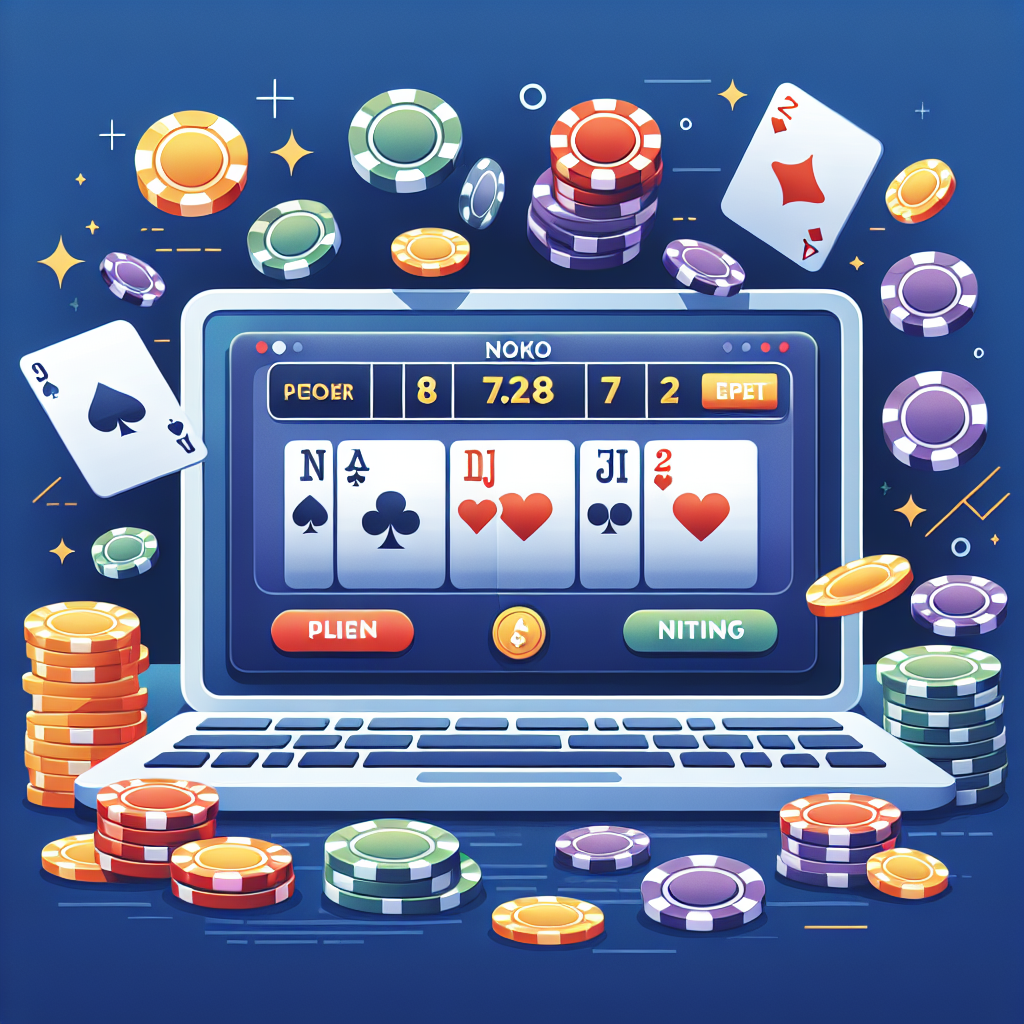 Illustrasjon av videopoker på laptop med pokerkort og mynter, norsk stil, moderne fargepalett, fokus på strategi og ansvarlig spilling